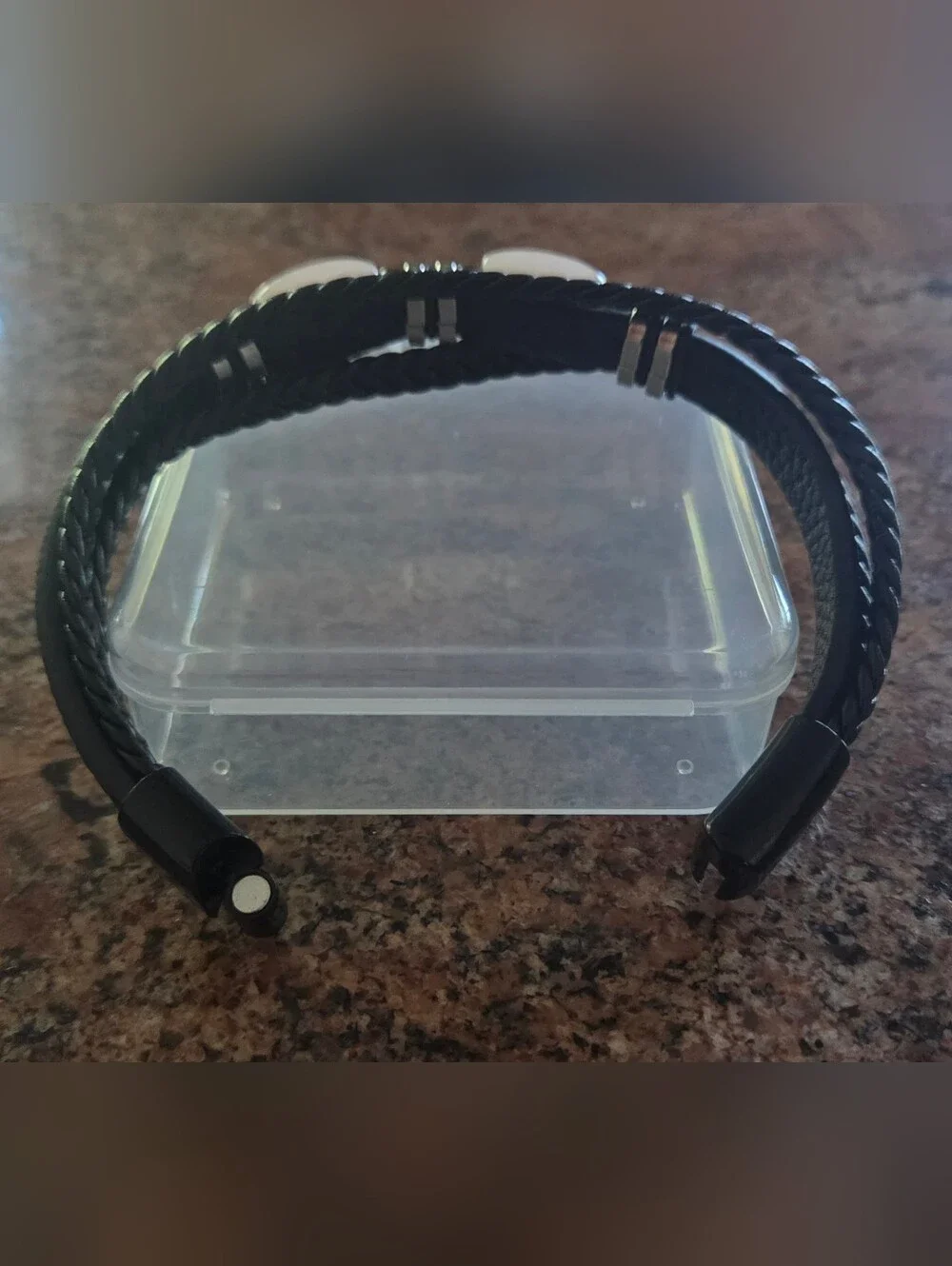 Black Braided Leather Bracelet w/ Hematite and Rose Quartz Stones